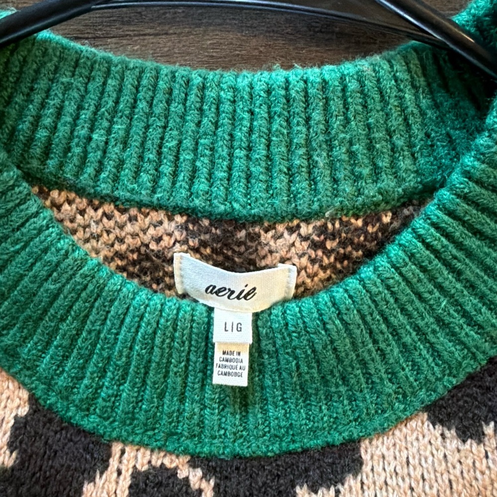 aerie Leopard-Print Knit Sweater with Green Ribbed Collar - Picture 2 of 2